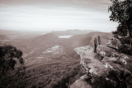 The view at sunset from Boroka Lookout towards Halls Gap and Lake Bellfield in the Grampians, Victoria, Australia