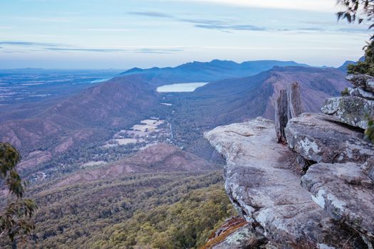 The view at sunset from Boroka Lookout towards Halls Gap and Lake Bellfield in the Grampians, Victoria, Australia