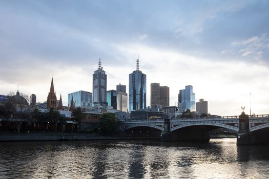 MELBOURNE, AUSTRALIA- AUGUST 15 2018 - The Melbourne skyline from Southbank and Princes St Bridge on a cool winter's morning