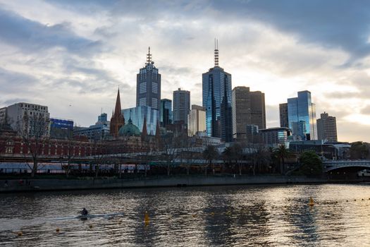 MELBOURNE, AUSTRALIA- AUGUST 15 2018 - The Melbourne skyline from Southbank and Princes St Bridge on a cool winter's morning