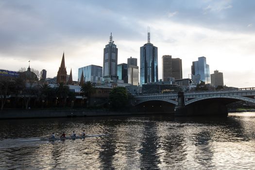 MELBOURNE, AUSTRALIA- AUGUST 15 2018 - The Melbourne skyline from Southbank and Princes St Bridge on a cool winter's morning