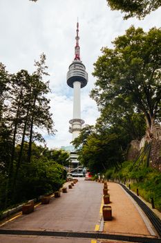 SEOUL, SOUTH KOREA - AUGUST 25, 2018: Tower and attached buildings at N Seoul Tower, Namsan Park. South Korea.