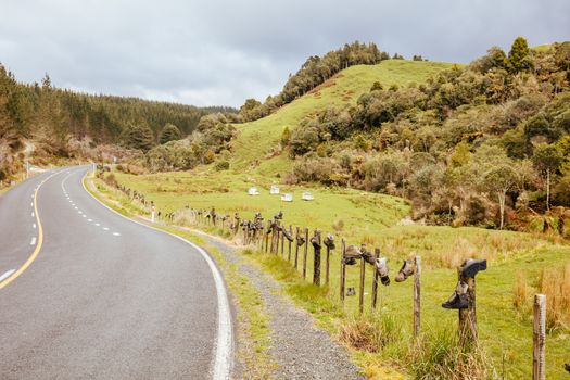 Tramping boots are laid out on a fence along Te Anga Rd near Waitomo in New Zealand