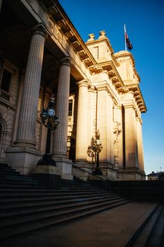 Parliament House for the state of Victoria at dusk in Melbourne CBD, Victoria, Australia