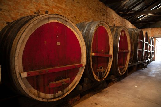 Wine barrels aging wine in Rutherglen, Victoria, Australia