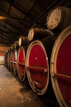 Wine barrels aging wine in Rutherglen, Victoria, Australia