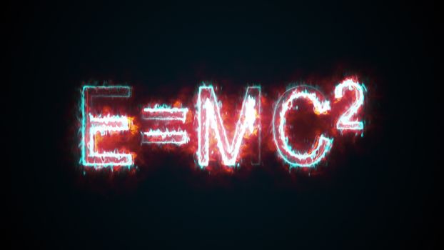 Burning inscription E mc2, computer generated. 3d rendering of Albert Einsteins physical formula. Scientific graphic backdrop