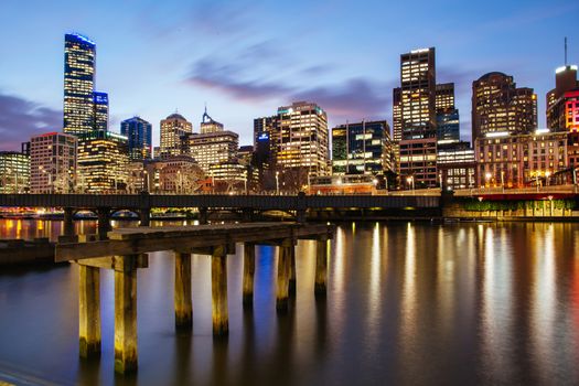 Melbourne, Australia - July 2 2013: Melbourne skyline along the Yarra River at dusk in Victoria Australia