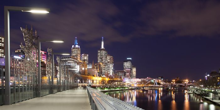 Melbourne skyline as seen at dusk from Queens Bridge near Southbank in Melbourne, Victoria, Australia