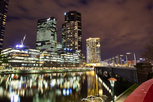 Melbourne skyline as seen at dusk from Queens Bridge near Southbank in Melbourne, Victoria, Australia