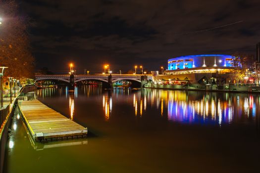 Melbourne skyline as seen at dusk including Princes Bridge and Hamer Hall in Melbourne Australia