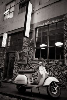 Melbourne, Australia - December 20 - Melbourne's famous Hosier Lane with motorcycle and graffiti on December 20th 2013.