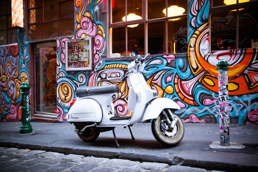 Melbourne, Australia - December 20 - Melbourne's famous Hosier Lane with motorcycle and graffiti on December 20th 2013.