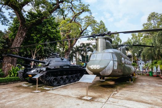 HO CHI MINH CITY, VIETNAM - SEPTEMBER 27: Aircraft and artefacts in the War Remnants Museum. This is a popular tourist attraction on September 27, 2018 in Ho Chi Minh City (Saigon) Vietnam