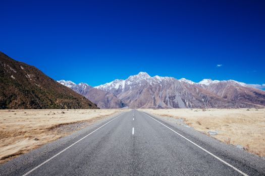 The road towards Tasman Glacier near Mt Cook in New Zealand