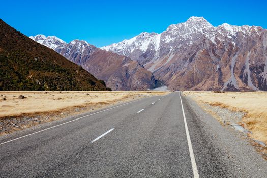 The road towards Tasman Glacier near Mt Cook in New Zealand