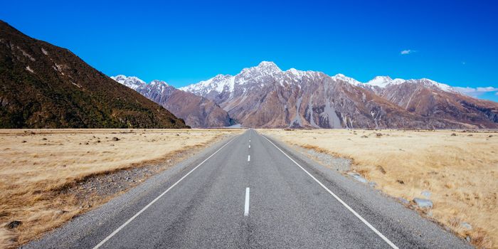 The road towards Tasman Glacier near Mt Cook in New Zealand