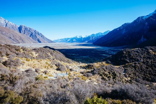 The view towards Lake Pukaki on the towards the Tasman Glacier near Mt Cook in New Zealand