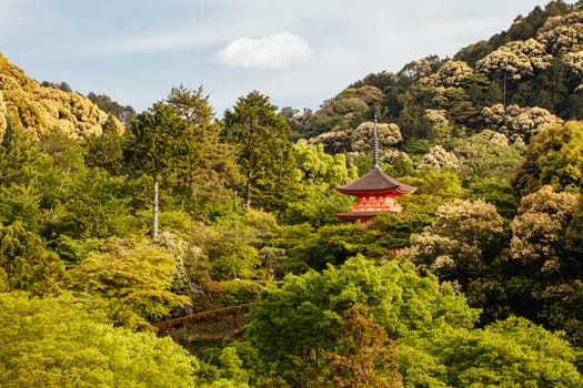 The iconic Kiyomizu-dera temple and mountain view on a sunny spring day in Kyoto, Japan