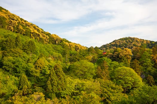 The iconic Kiyomizu-dera temple and mountain view on a sunny spring day in Kyoto, Japan
