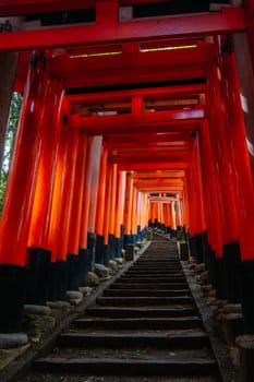 Red Tori Gate at Fushimi Inari Shrine in Kyoto, Japan. One of the largest tourist attractions in Japan