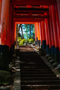 Red Tori Gate at Fushimi Inari Shrine in Kyoto, Japan. One of the largest tourist attractions in Japan