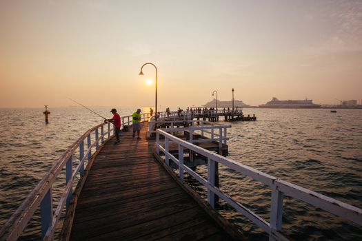 MELBOURNE, AUSTRALIA - JANUARY 3 2020: Smoke haze from East Gippsland bushfires envelops Port Melbourne and Port Philip Bay