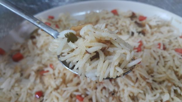 Traditional home made basmati rice pulao or pulav with chana, or vegetable rice dish