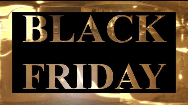 Golden and shining text of "BLACK FRIDAY" with golden frame and dark black background