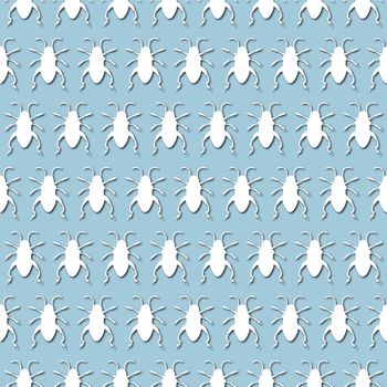 White bug, beetle silhouette on pale blue background, seamless pattern. Paper cut style with drop shadows and highlights.