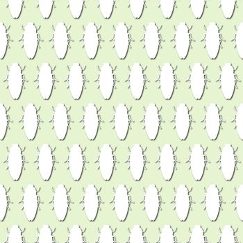 White bug, beetle silhouette on pale green background, seamless pattern. Paper cut style with drop shadows and highlights.