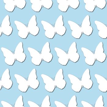 White butterfly silhouette on pale blue background, seamless pattern. Paper cut style with drop shadows and highlights.