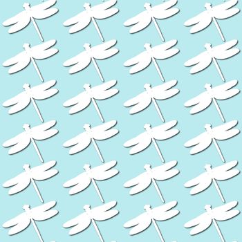 White dragonfly silhouette on pale blue background, seamless pattern. Paper cut style with drop shadows and highlights.