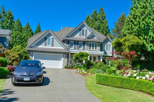 Luxury residential house with green hedge and landscaping in front. Family house surrounded by trees with blue sky background. Suburban house with double garage and car parked on concrete driveway