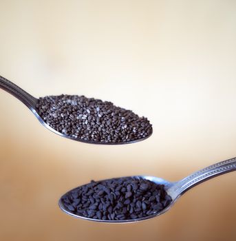 Chia seeds and black sesame seeds in spoons. Light background. Close-up. High quality photo
