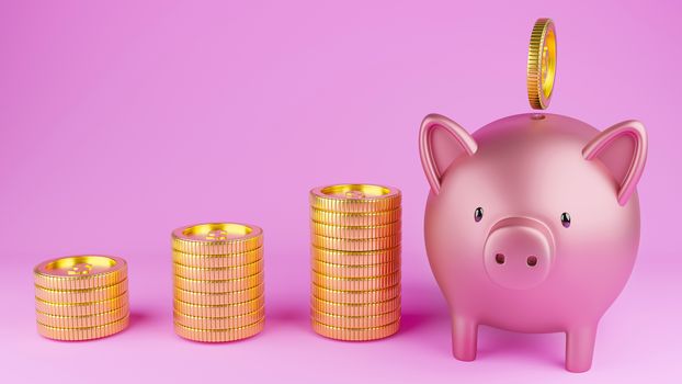 3D rendered image of a metallic pink piggy bank and gold coins on pink background.