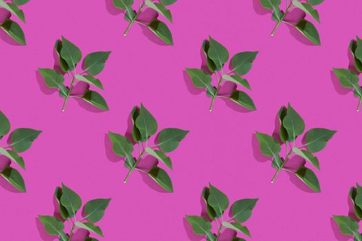 Trendy isometric Seamless continuous pattern with spring lilac green leaf. Minimalist concept on pink background. Space for text