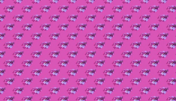 Trendy isometric Seamless continuous pattern with spring lilac flowers on pink background. Minimalist concept. Space for text