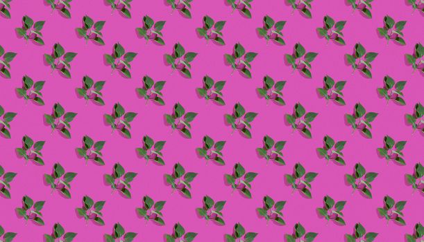 Trendy isometric Seamless continuous pattern with spring lilac green leaf. Minimalist concept on pink background. Space for text