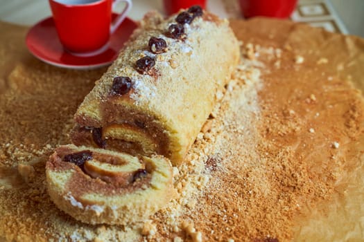 Homemade biscuit roll on parchment. High quality photo