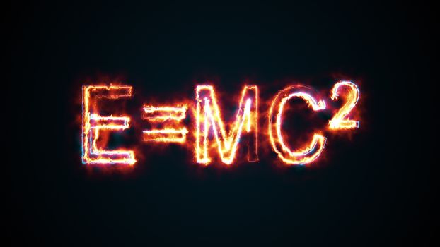 Burning inscription E mc2, computer generated. 3d rendering of Albert Einsteins physical formula. Scientific graphic backdrop