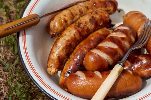 Homemade grilled meat sausages in a white plate on a green background. High quality photo