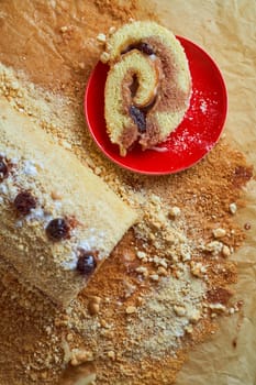 Homemade biscuit roll on parchment. High quality photo