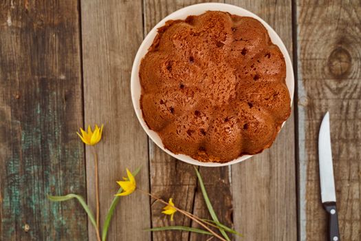 Homemade cupcake with chocolate filling inside on a wooden table with a Yellow Woodland tulips, Wild tulips on a wooden background. Close-up.. High quality photo