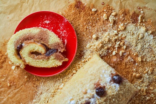 Homemade biscuit roll on parchment. High quality photo