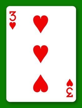 A 3 Three of Hearts playing card with clipping path to remove background and shadow