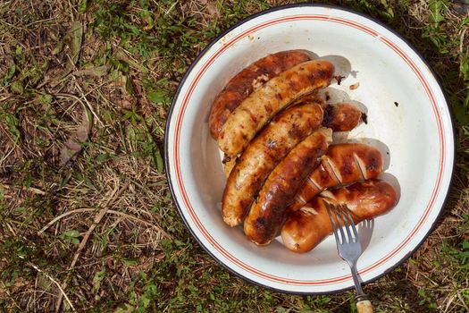 Homemade grilled meat sausages in a white plate on a green background. High quality photo