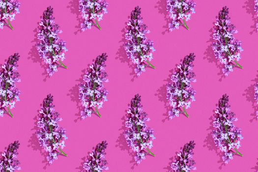 Trendy isometric Seamless continuous pattern with spring lilac flowers and green leaf. Minimalist concept. Space for text