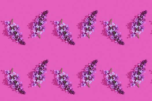 Trendy isometric Seamless continuous pattern with spring lilac flowers and green leaf. Minimalist concept. Space for text