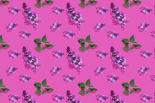 Trendy isometric Seamless continuous pattern with spring lilac flowers and green leaf. Minimalist concept. Space for text